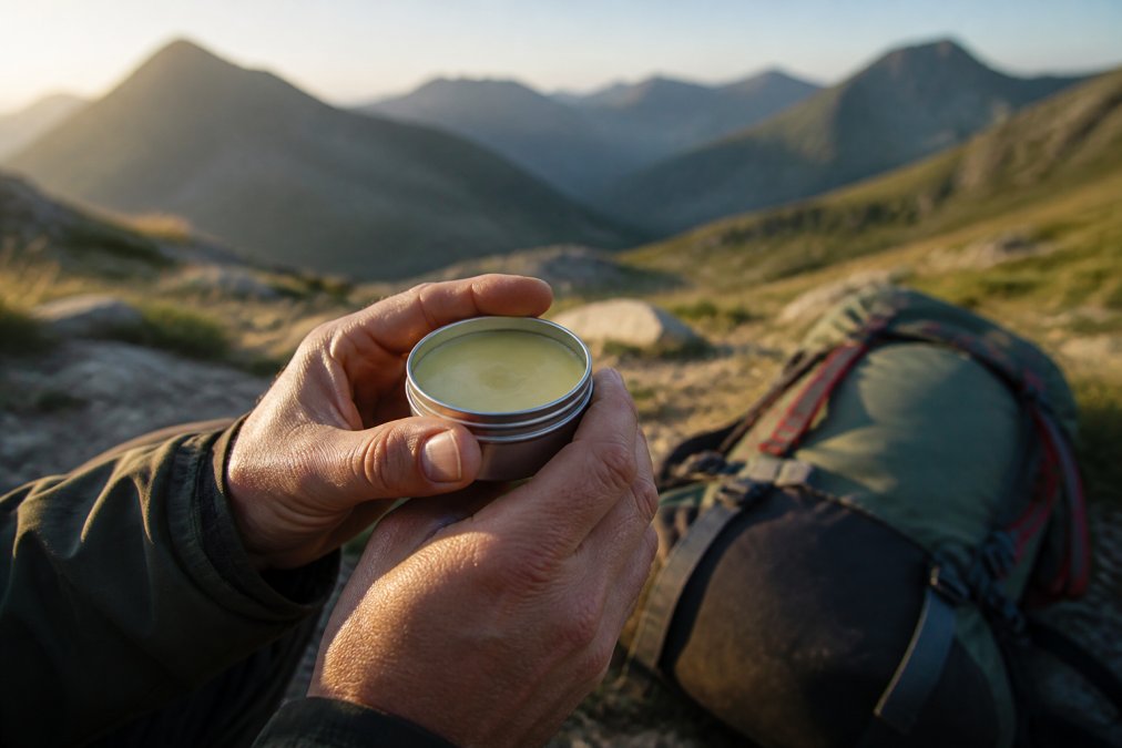 A close-up of a person's hands holding a small tin of tallow balm, with a mountain trail and hiking gear blurred in the background under soft morning light