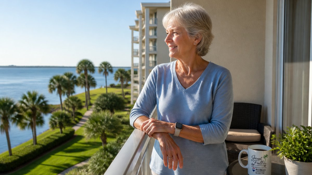 Mature homeowner standing on a condo balcony overlooking a coastal landscape with palm trees and water visible in the background, smiling and relaxed in natural morning light