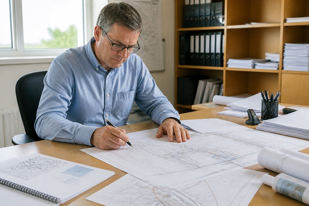 Planning officer reviewing technical drainage drawings and survey documents at a desk with annotation tools and digital tablet, natural office lighting