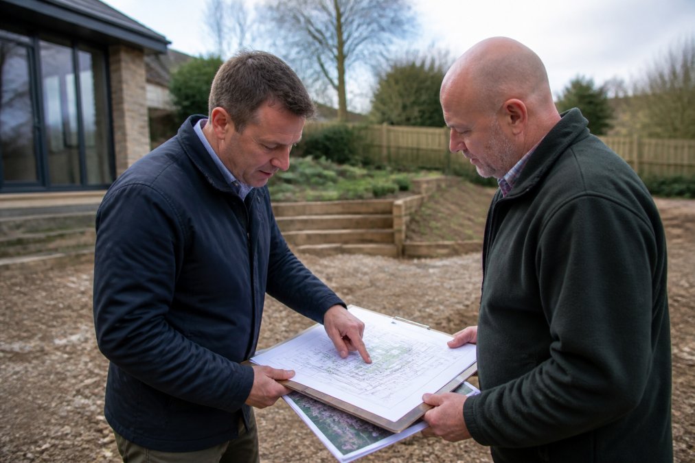 Professional drainage consultant in site visit meeting with homeowner or architect, reviewing site plans and topographical survey on tablet outdoors, natural daylight