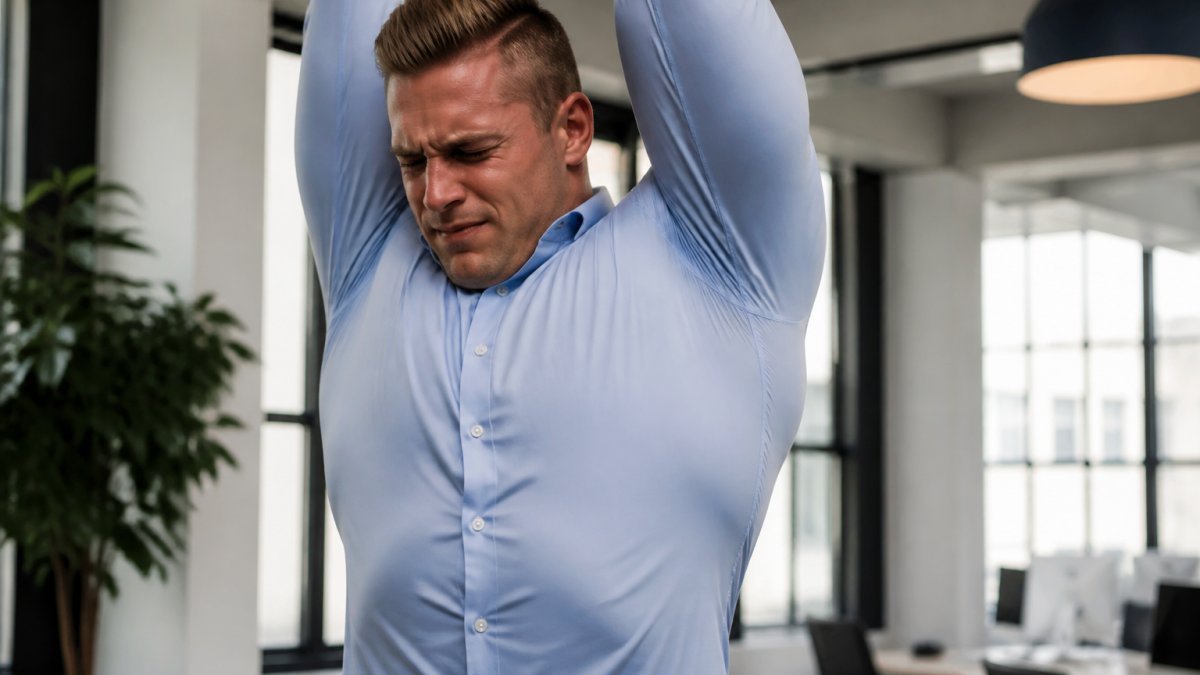 Muscular man struggling to raise his arms in a tight dress shirt that restricts shoulder movement