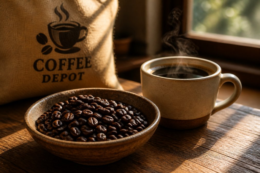 Close-up of dark roasted coffee beans with visible oils in a small ceramic bowl beside a freshly brewed cup, warm morning light falling across a wooden counter