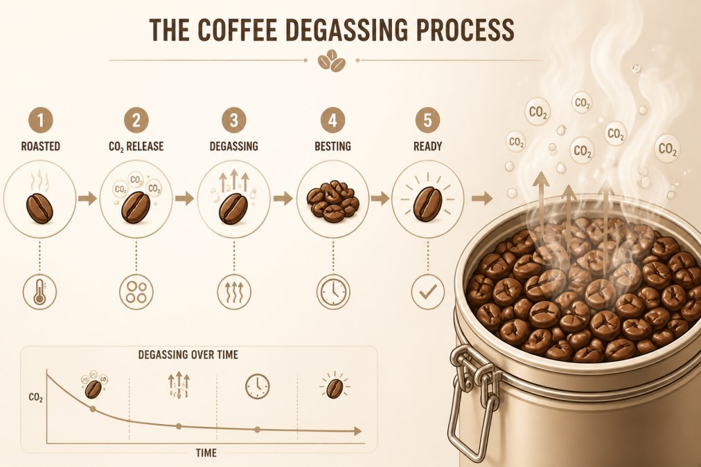 Close-up of freshly roasted coffee beans in an open container with visible steam or vapor rising, showing the active degassing process in natural light