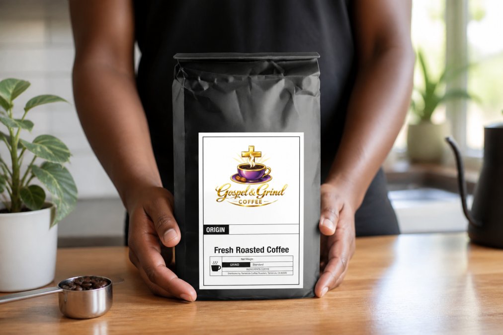 Hands holding an airtight coffee container with visible one-way valve, freshly roasted beans visible through clear glass or packaging, set on a kitchen counter in natural morning light