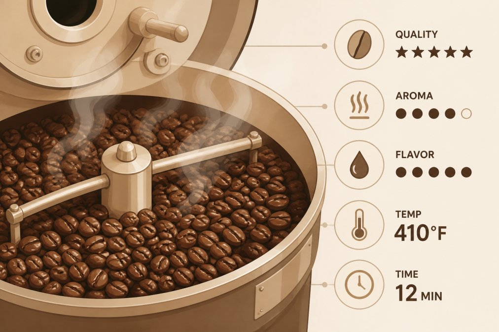Close-up of freshly roasted coffee beans in a roaster with rich dark brown color, steam rising, showing artisan craftsmanship and quality