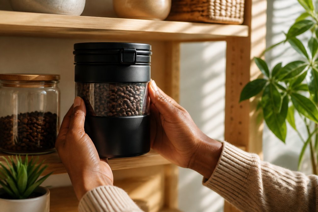 Hands holding an airtight vacuum-sealed coffee canister with visible roast date label, positioned on a kitchen shelf away from direct sunlight and heat sources