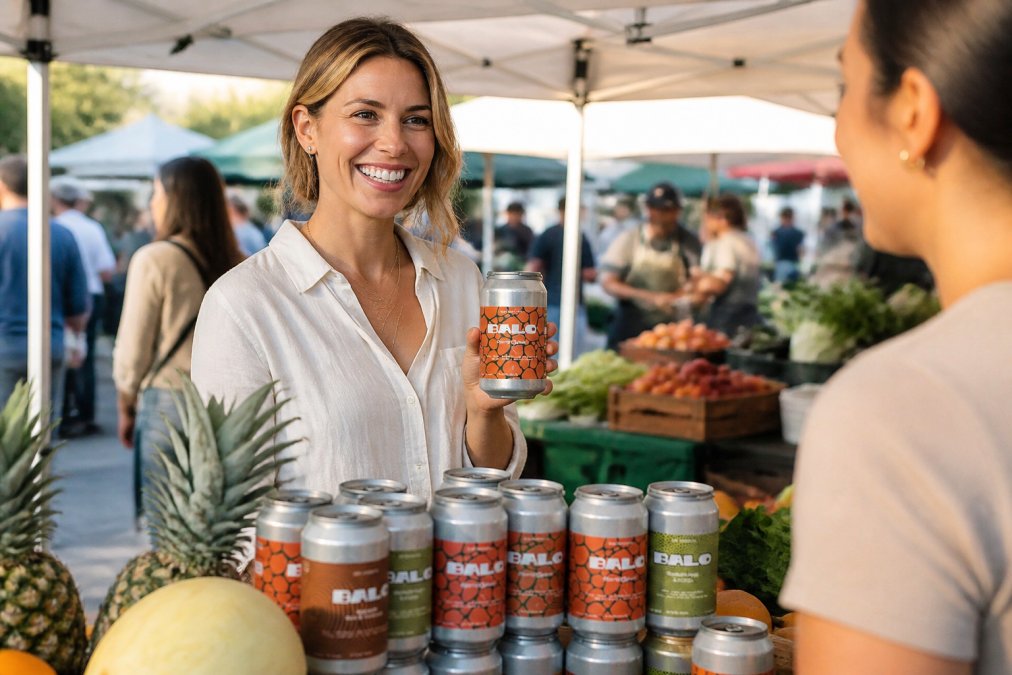A person holding a bottle of locally crafted kombucha at a vibrant farmers market, smiling with colorful market stalls and local vendors visible in the background, natural daylight