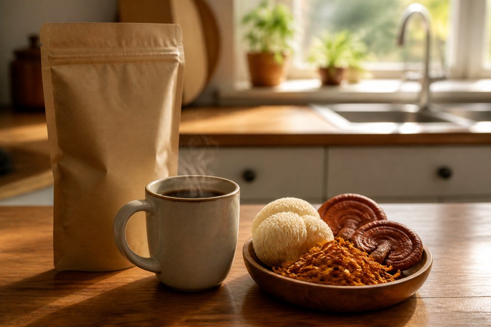 Steaming mushroom coffee with dried lion's mane and reishi on a sunny kitchen counter for gut health benefits.