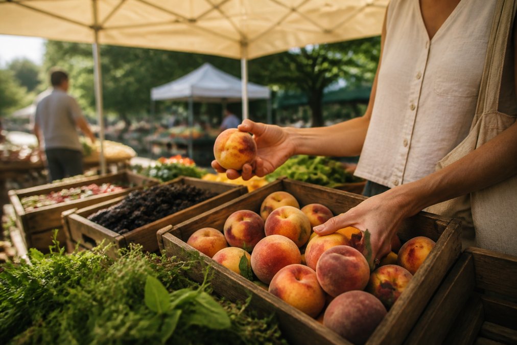 A farmer's market stall with wooden crates of slightly imperfect peaches, berries, and herbs, a person's hands selecting produce for fermentation, warm morning light filtering through a canopy