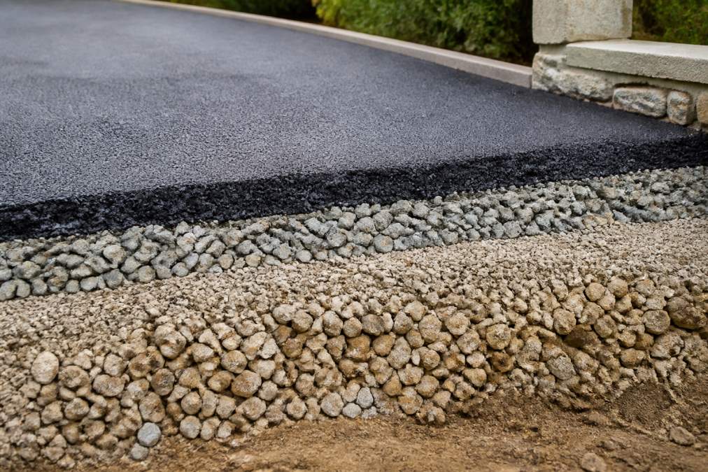 Close-up overhead view of residential driveway cross-section showing distinct layers of compacted stone sub-base, intermediate stone layer, and finished asphalt surface with proper drainage slope