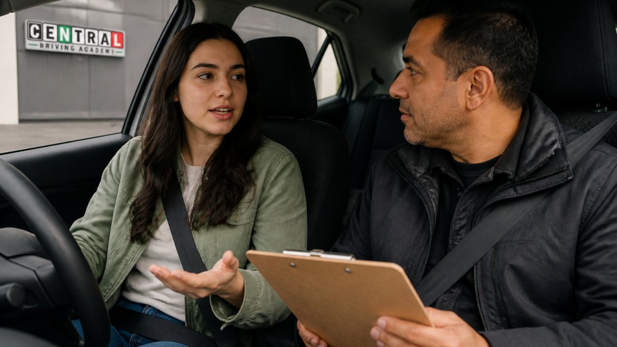 A learner driver calmly discussing concerns with one of the driving instructors impatient with poor progress.