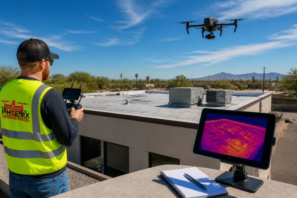 Drone pilot using thermal imaging for roof inspections to track drone technology trends in construction services