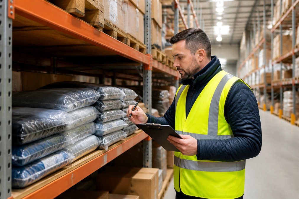 Warehouse worker in safety vest inspecting packaged items on a shelf with clipboard, documenting quality assurance procedures in bright industrial lighting