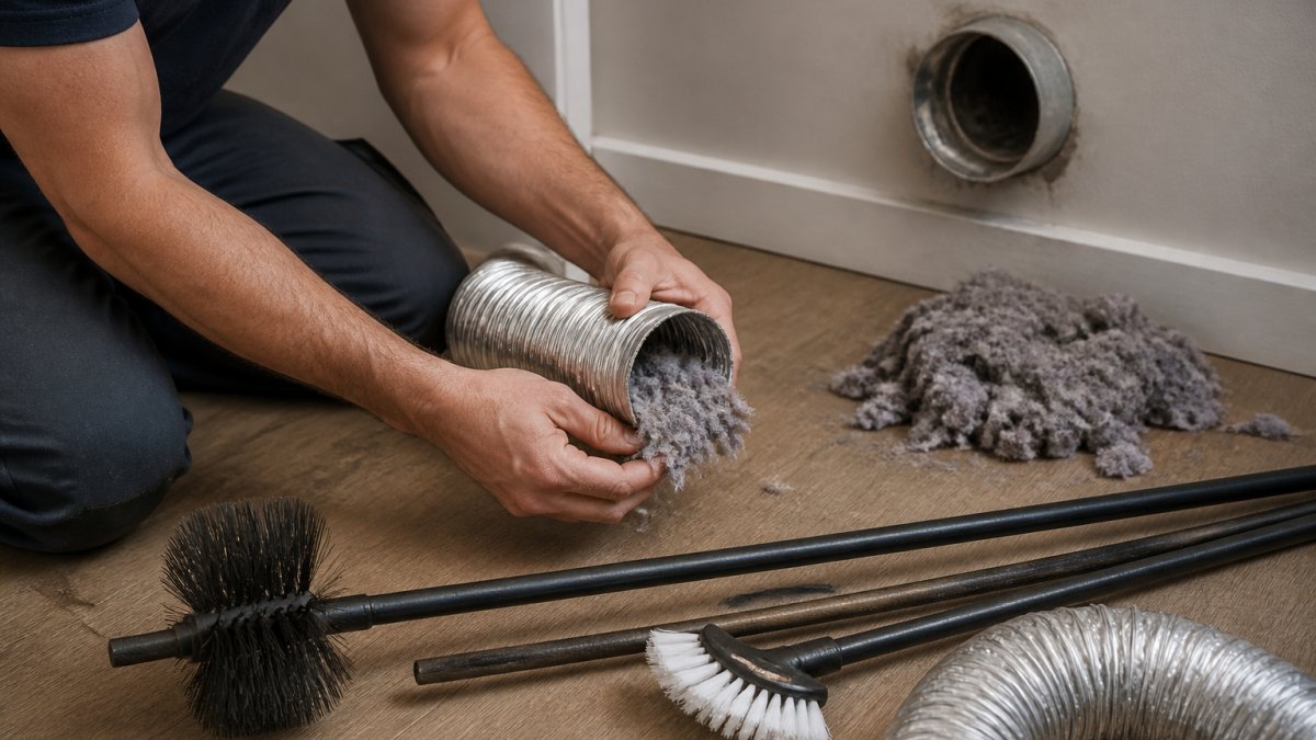 Professional cleaning a dryer vent to fix why dryers take so long to dry by removing excess lint buildup.