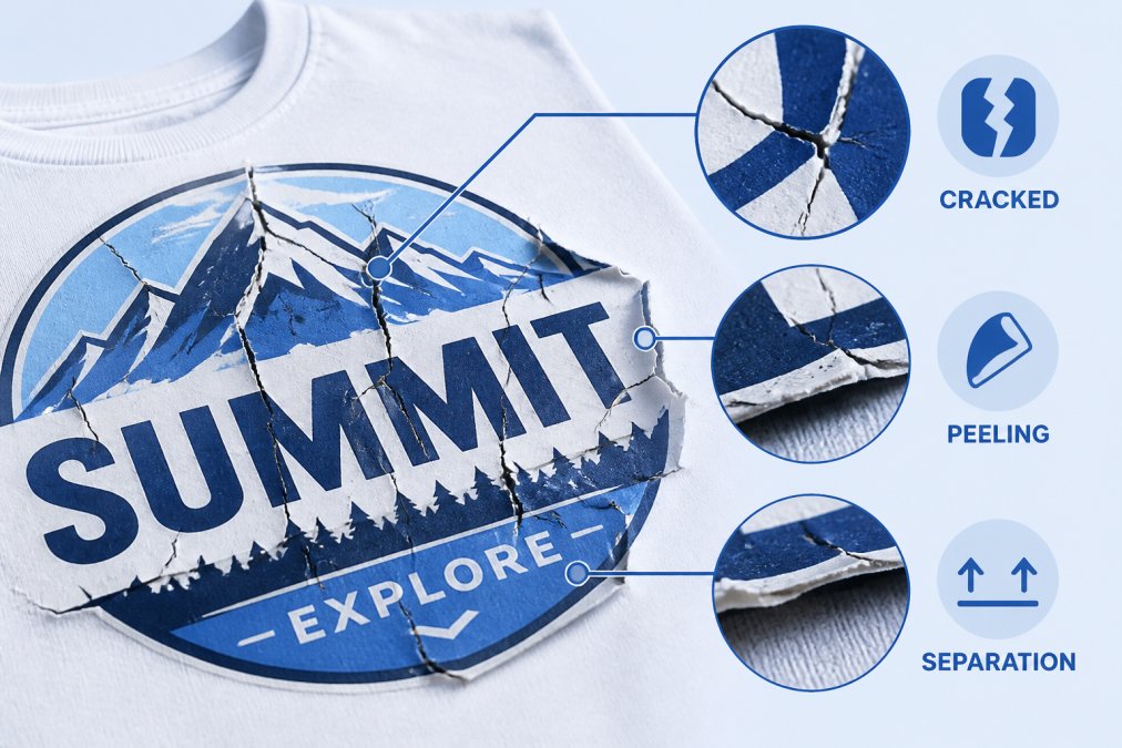 Close-up of a cracked DTF print on a white cotton t-shirt showing brittle ink layer splitting across the design, with visible peeling edges and separation from fabric