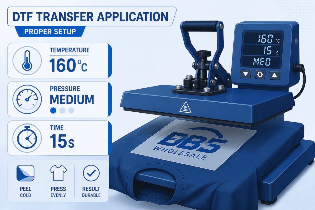 Heat press machine in use with a garment being pressed, showing proper pressure and temperature gauge setup for DTF transfer application with digital display visible