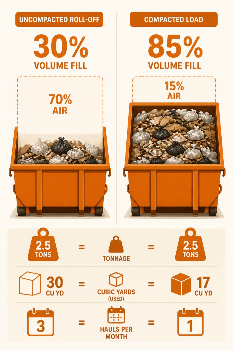 Diagram comparing waste volume, showing how compaction prevents containers being hauled half empty