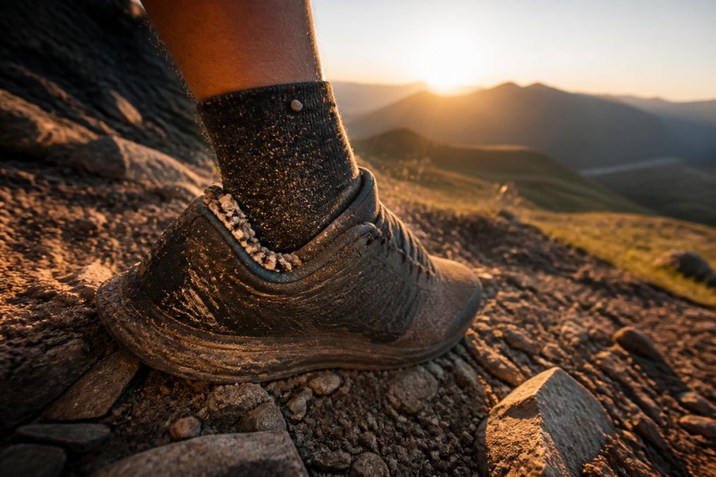 Trail runner's foot in motion on rocky mountain terrain at sunrise, dust and small stones visible near the shoe collar, showing the environment where debris naturally enters footwear