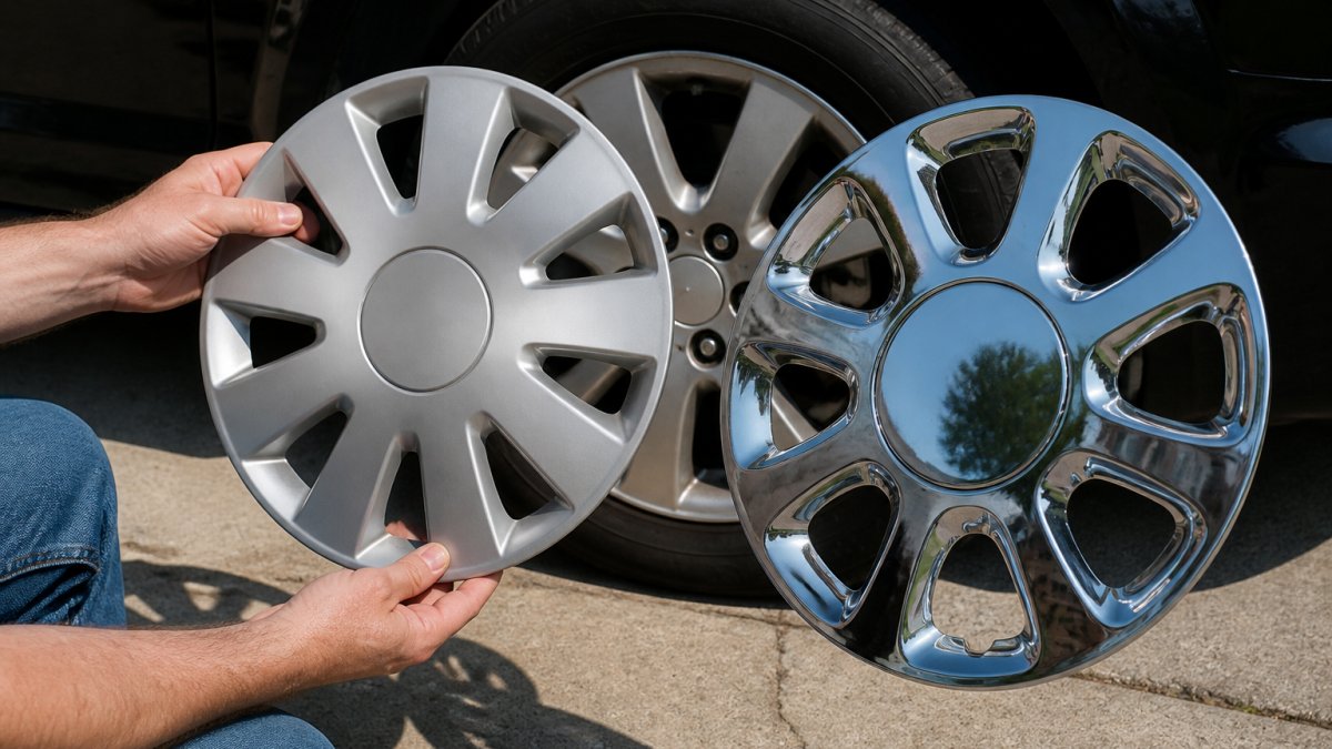Close-up of a person's hands holding a silver plastic wheel cover next to a chrome-finished metal wheel cover, with a car wheel visible in the background of a driveway on a sunny day