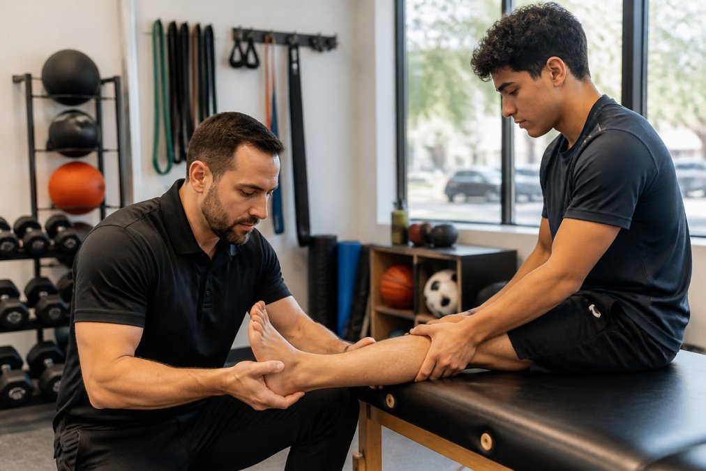 Chiropractor performing early intervention ankle adjustment on a young athlete in a San Antonio clinic
