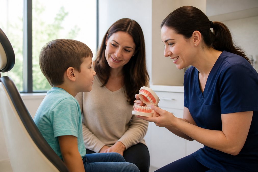 A friendly pediatric dentist showing a young child a dental model in a bright, welcoming office, with a parent observing nearby