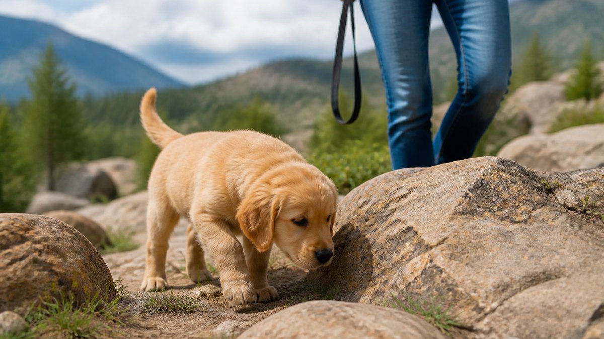 Young puppy exploring a new outdoor environment with a handler nearby, showing calm curiosity and relaxed body language in natural daylight