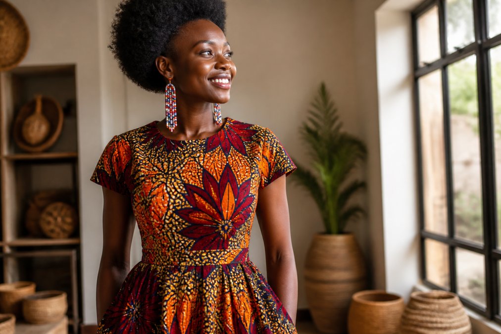 A woman of East African heritage wearing a colorful handmade Ankara print dress and beaded Maasai earrings, smiling in a sunlit room with woven baskets in the background