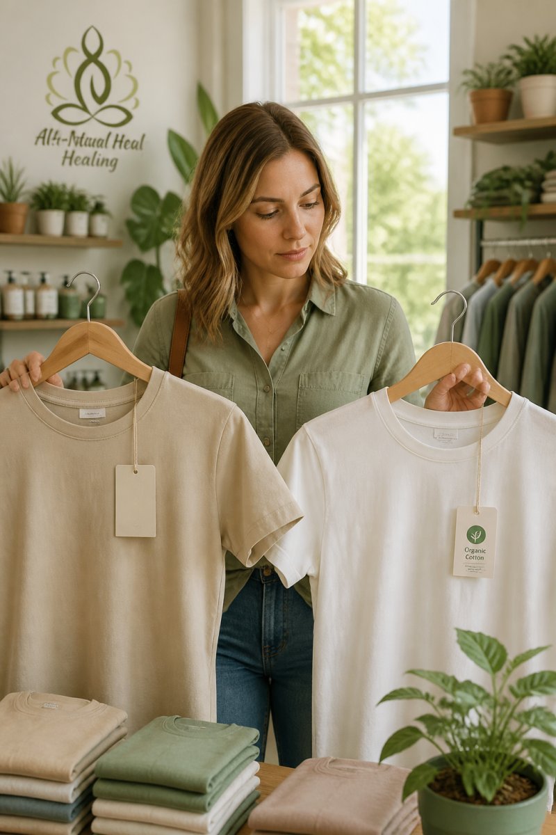 A shopper in a bright grocery aisle holding two similar cotton t-shirts, comparing price tags where one bears an organic certification label, soft natural window light