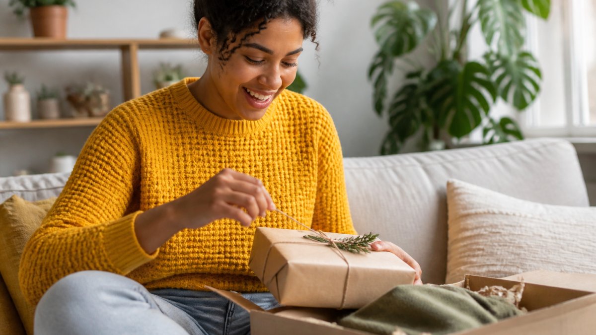 A person carefully unwrapping a beautifully presented eco-friendly gift with natural kraft paper and twine, showing genuine delight and appreciation