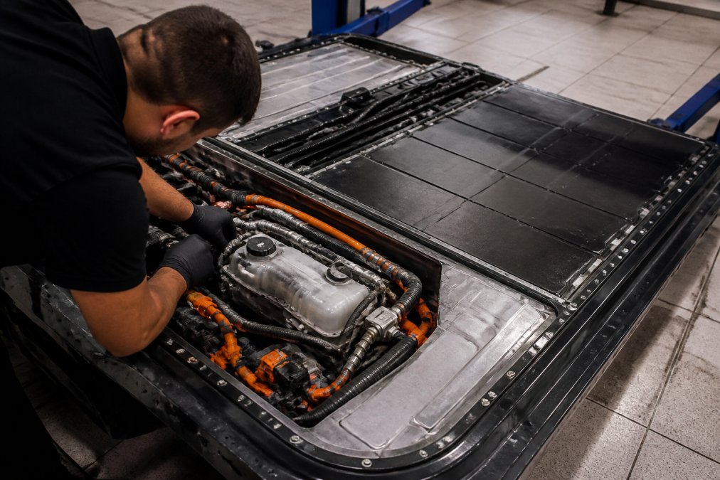 Close-up of an electric vehicle's internal battery pack with thermal cooling tubes and monitoring sensors during professional inspection in a service bay