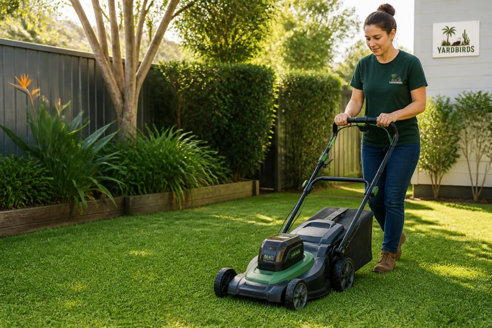 A woman in her thirties pushing a modern cordless electric lawn mower across a lush green backyard lawn in soft morning light, battery pack visible on the deck