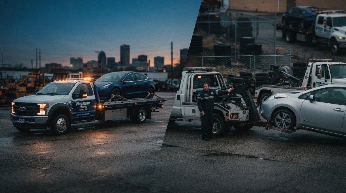 Professional illustration showing why electric vehicles require specialized flatbed towing