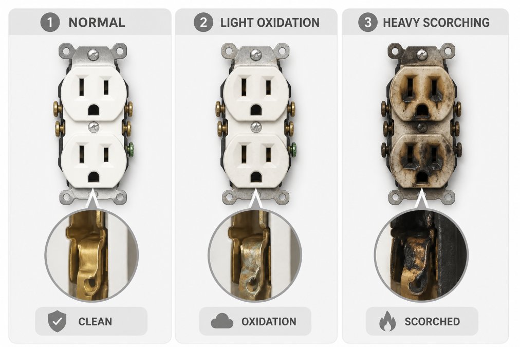 Diagram comparing clean, oxidized, and charred electrical outlets spark damage levels