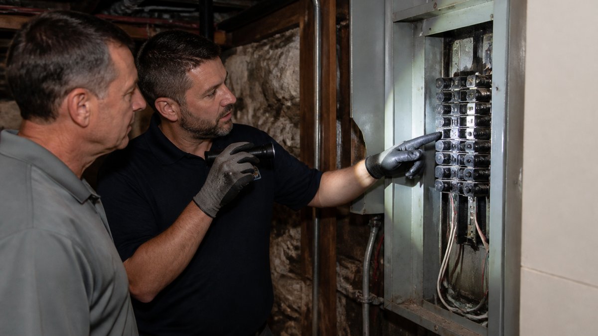 Electrician pointing out scorch marks on an old fuse box during electrical panel upgrades in a dim basement