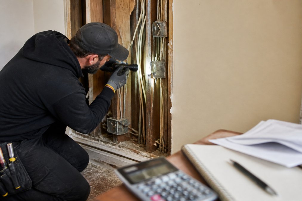 A professional electrician in work clothes using a flashlight to inspect old, outdated wiring inside an open wall cavity of a residential home