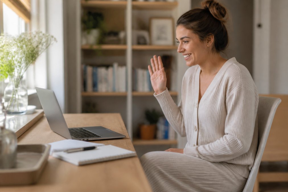 Woman working at home desk wearing elevated loungewear visible on video call with neutral background and professional lighting