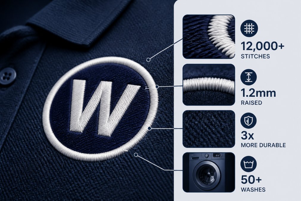 Close-up macro photograph of an embroidered logo on a navy polo shirt, showing raised thread texture, tight stitch density, and the dimensional quality of the stitching against the fabric substrate