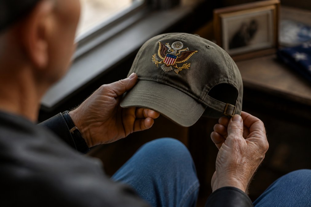 Close-up of a veteran's hands holding a cotton twill military cap, showing the detailed high-density embroidery on the front and the adjustable strap at the back, with warm natural window light
