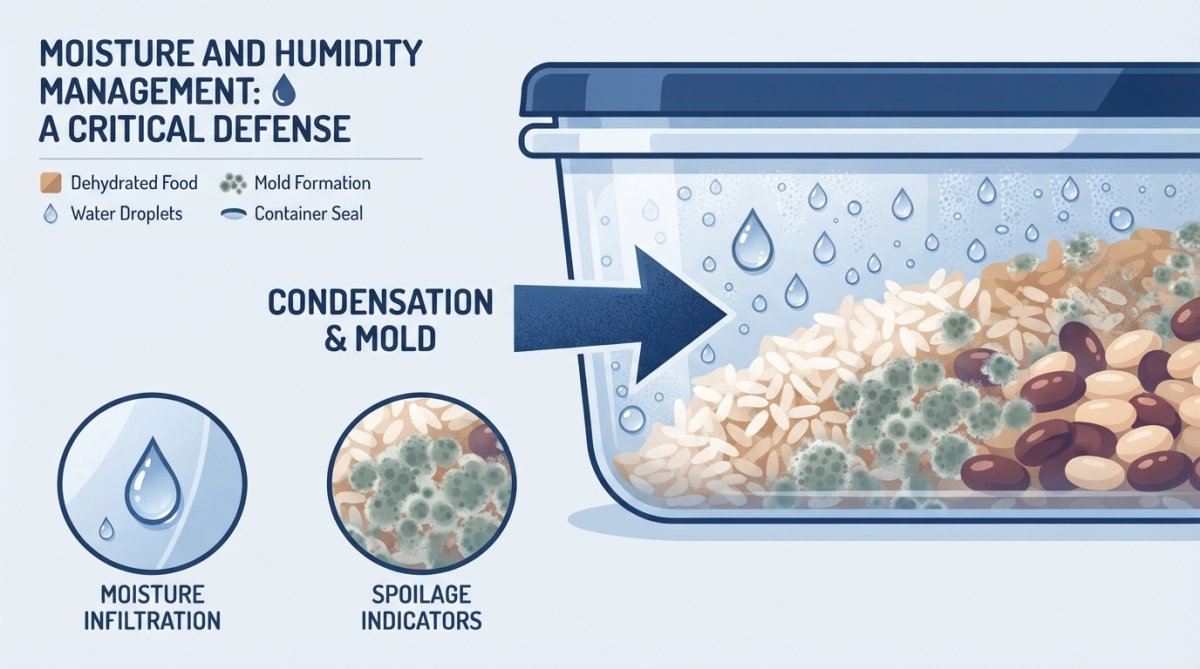 Close-up of moisture condensation on the inside of a clear plastic storage container with dehydrated food visible, water droplets forming on the lid and sides, showing potential mold risk
