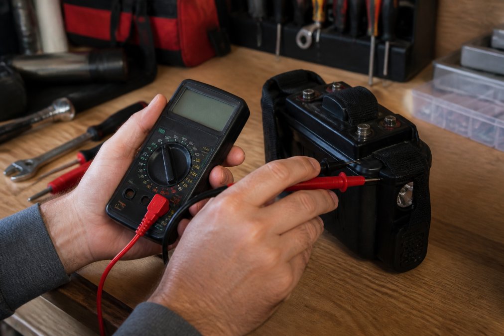 Close-up of hands holding a digital multimeter against a radio battery terminal in a home workshop setting, with a workbench and tools visible in soft natural lighting