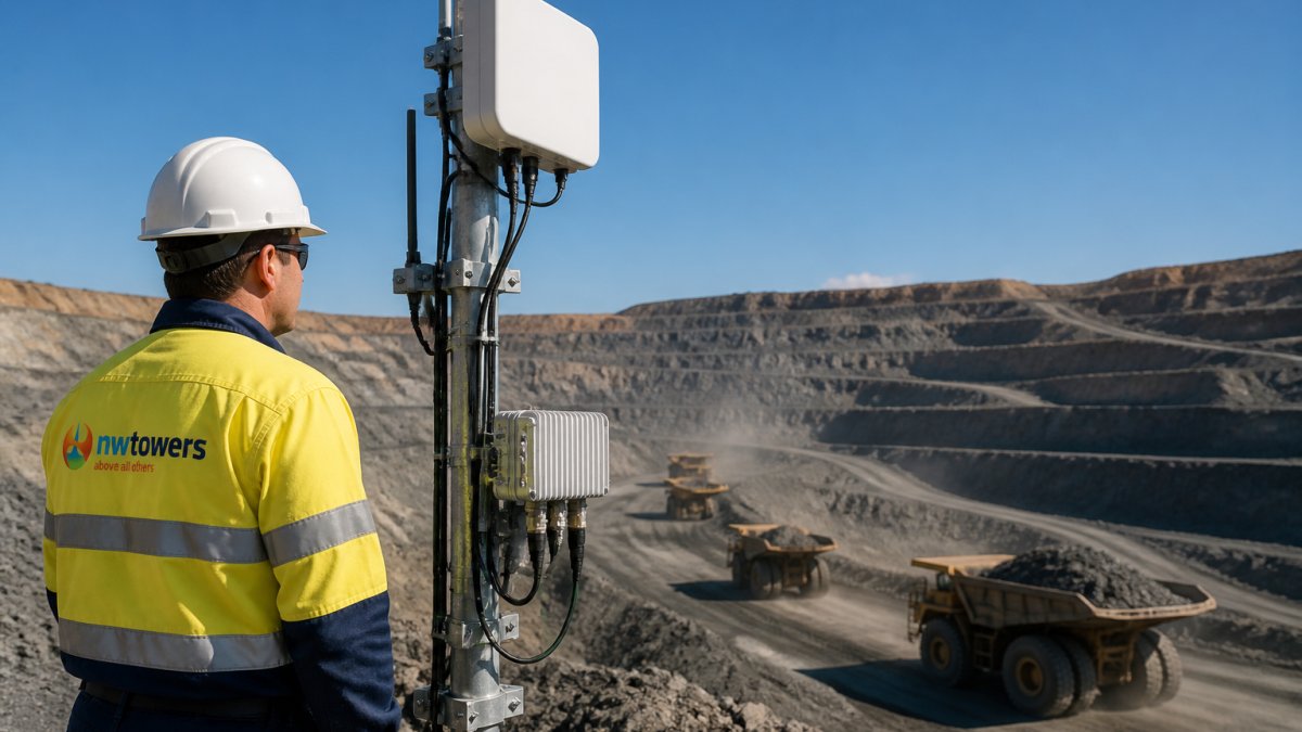 A technician in high-visibility gear standing beside a rugged wireless antenna mast at an open-pit mine, with haul trucks visible in the background under a clear sky