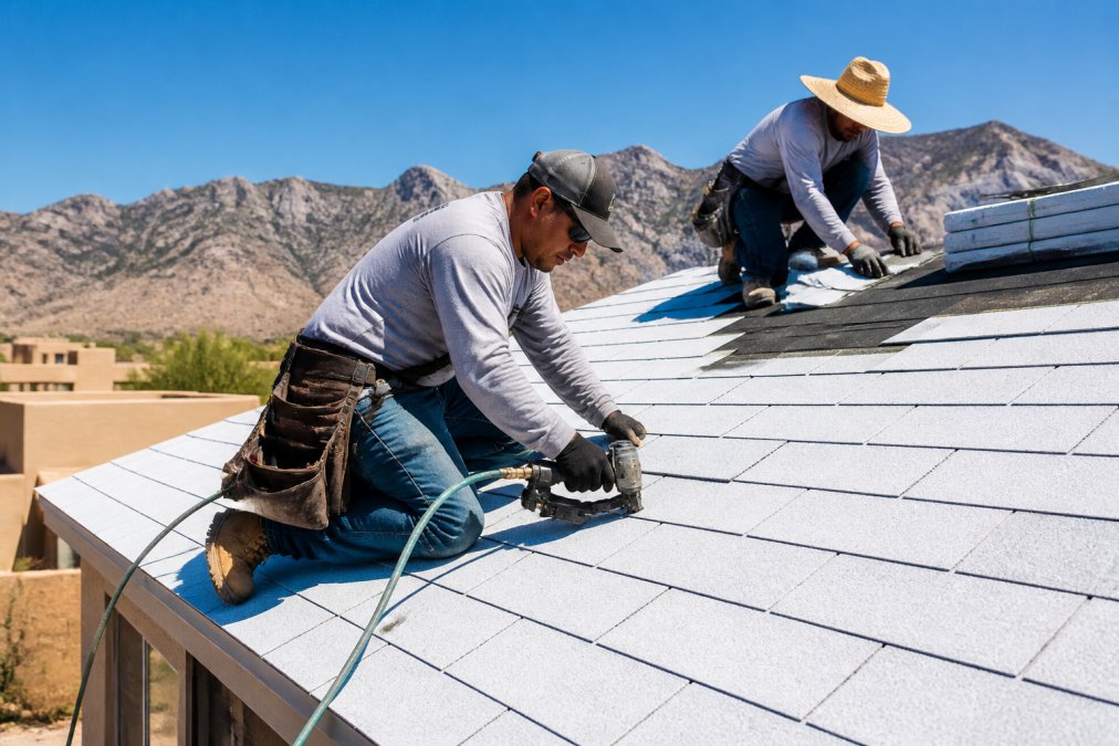 A roofing crew installing light-colored reflective shingles on a single-story home under bright desert sun, with a clear blue sky and distant Franklin Mountains visible in the background