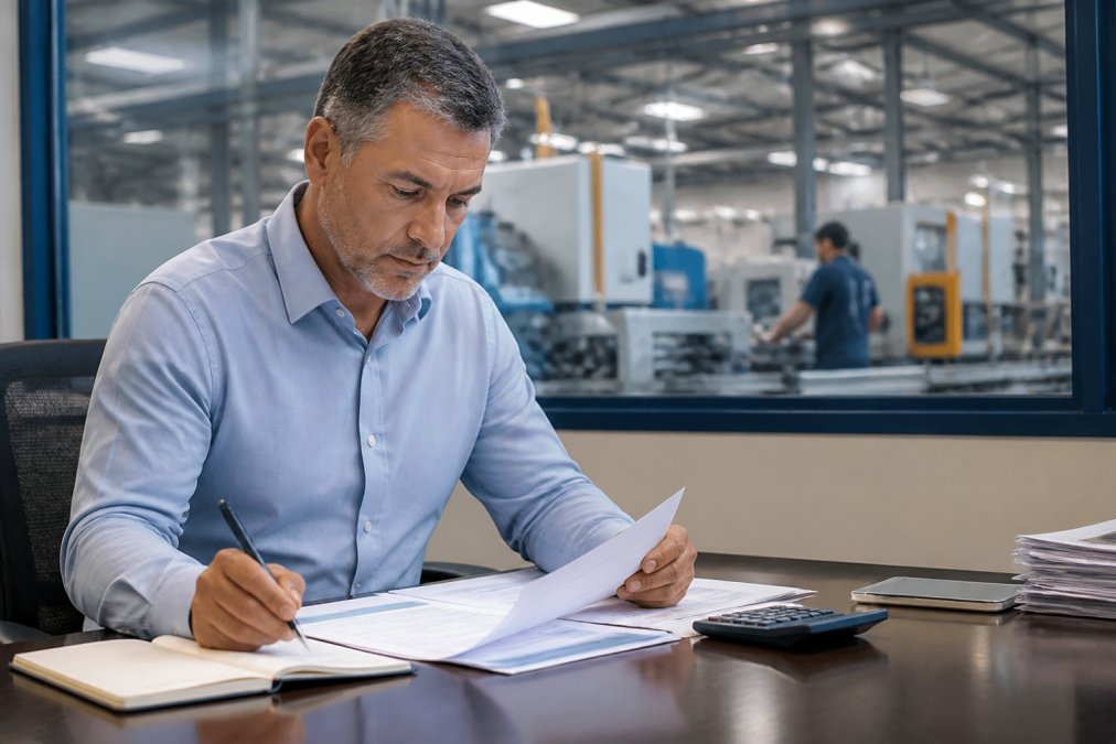 A small business owner reviewing financial statements at a desk with a laptop, while a production floor with machinery is visible through a window behind them