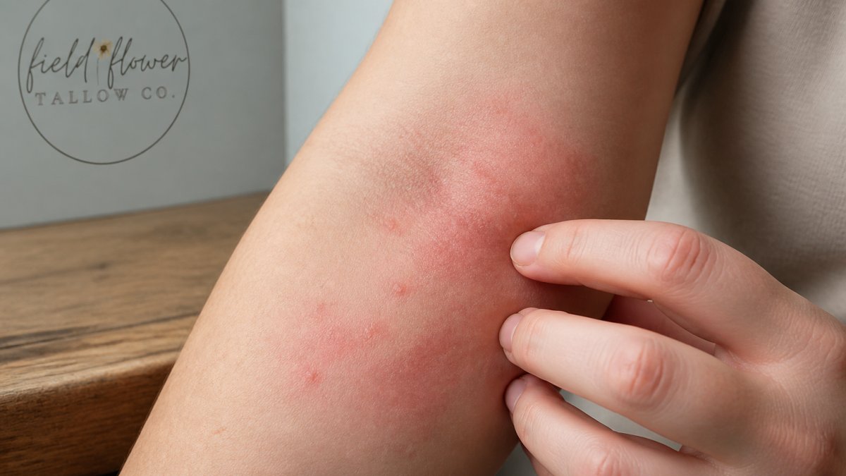 Infographic illustrating common symptoms of skin irritation including redness, rashes, and inflammation on an arm.
