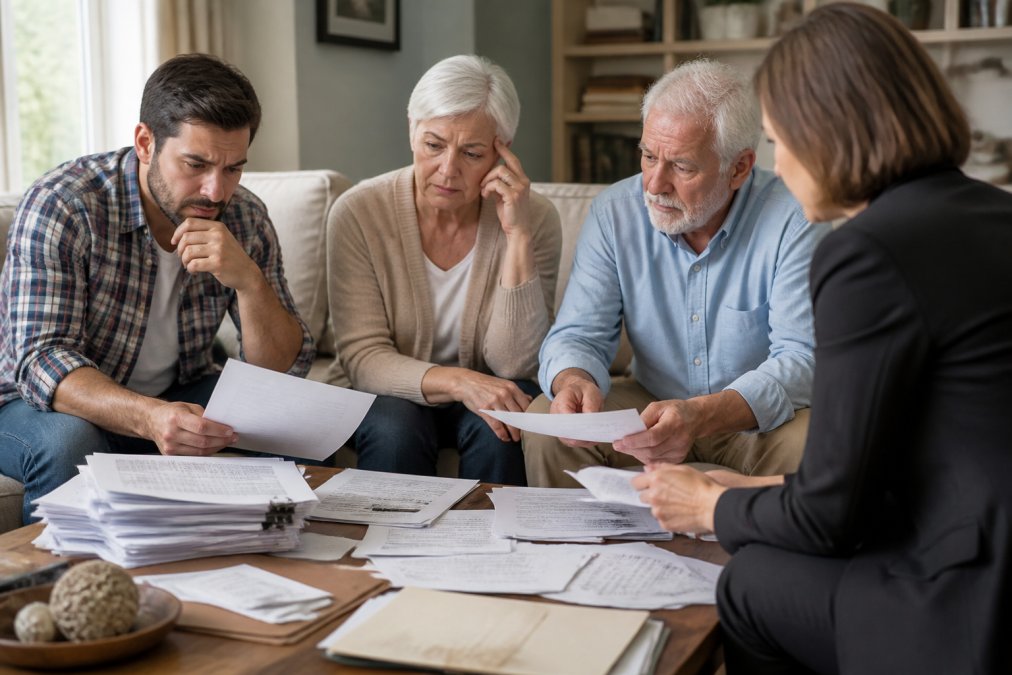 Family members sitting together in a living room looking concerned, reviewing legal documents and financial papers spread across a coffee table, with a lawyer's letter visible, natural afternoon lighting