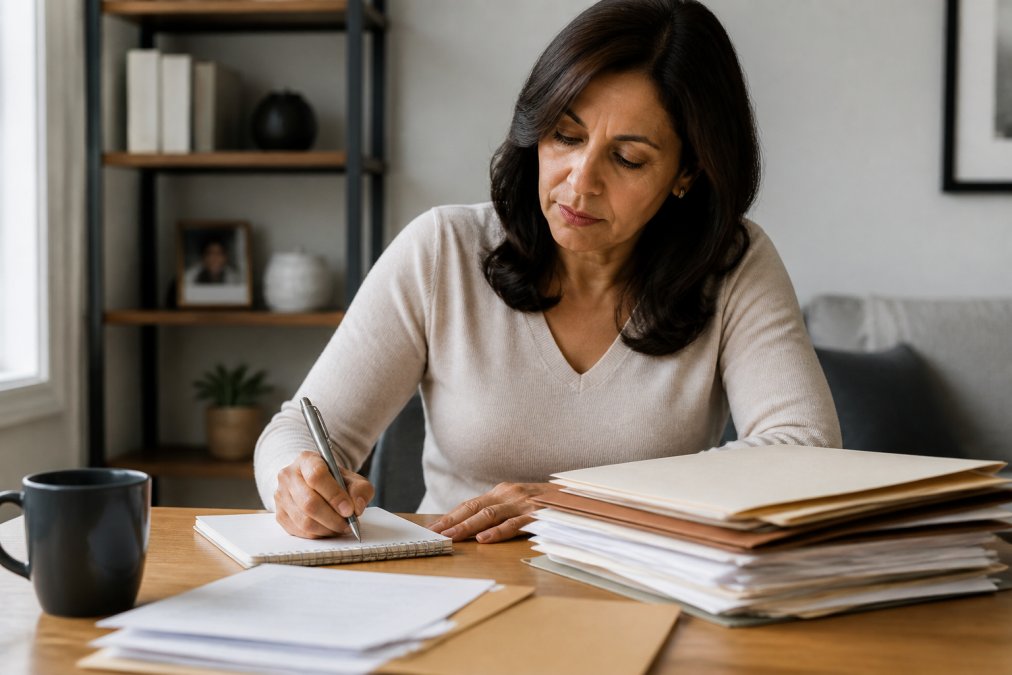 Person sitting at a desk with a notebook, pen, and laptop, organizing important documents and folders related to estate planning, with a coffee cup nearby and natural office lighting