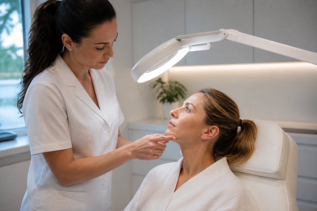 A licensed esthetician in a bright, modern clinic examining a client's skin with a dermatological lamp, pointing to areas of concern while the client listens attentively