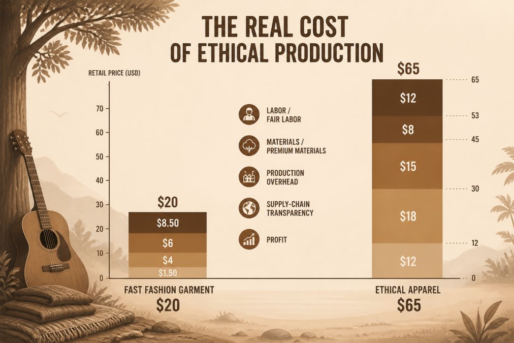 Bar chart comparing typical retail pricing breakdown: fast fashion garment at $20 retail with labor costs $1.50, materials $4, overhead $6, profit $8.50 versus ethical apparel at $65 retail with fair labor $12, premium materials $18, production overhead $15, supply-chain transparency $8, profit $12