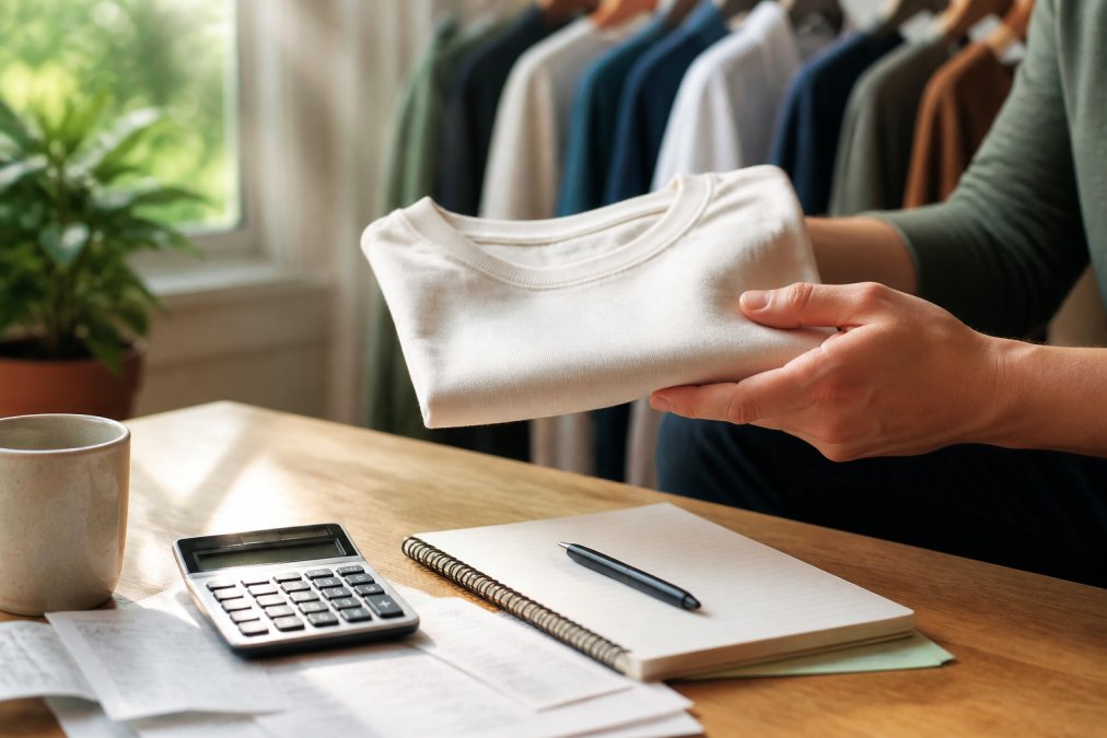 Close-up of hands holding a folded organic cotton t-shirt in bright natural window light, soft-focus wardrobe in the background