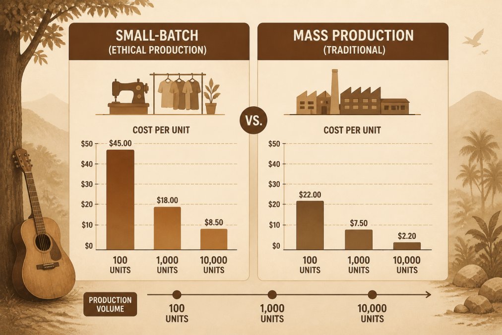 Bar chart comparing unit costs of ethical clothing production across 100, 1,000, and 10,000 unit volumes.